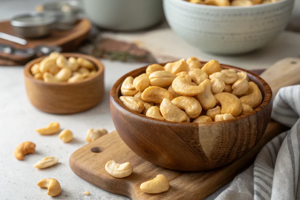 Fresh And Roasted Cashews In A Rustic Bowl