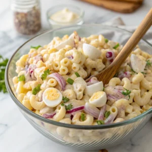 A creamy elbow macaroni pasta salad with hard-boiled eggs, celery, and red onions, served in a large glass bowl with a wooden spoon on a marble countertop