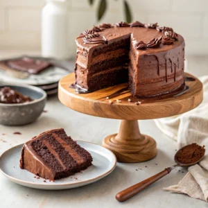 A three-layer dark chocolate cake with glossy chocolate frosting, sliced to reveal its rich and moist texture, sitting on a wooden cake stand.