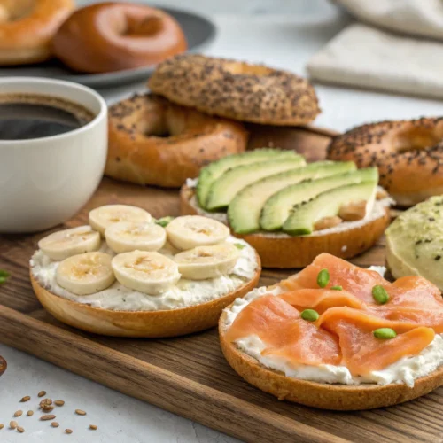 A wooden serving board with an assortment of bagels topped with various ingredients, including cream cheese and banana slices, smoked salmon with green sprouts, avocado slices, and a green spread with seasoning. A white cup of black coffee sits beside the bagels, with a wooden spoon containing a powdered ingredient and scattered seeds in the foreground.