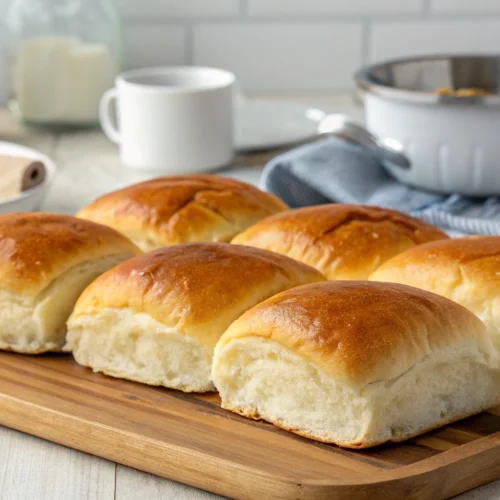 Golden brown sub rolls with a soft, airy interior, freshly baked on a wooden board